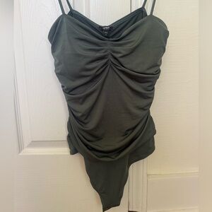 Express Olive Green Ruched Bodysuit